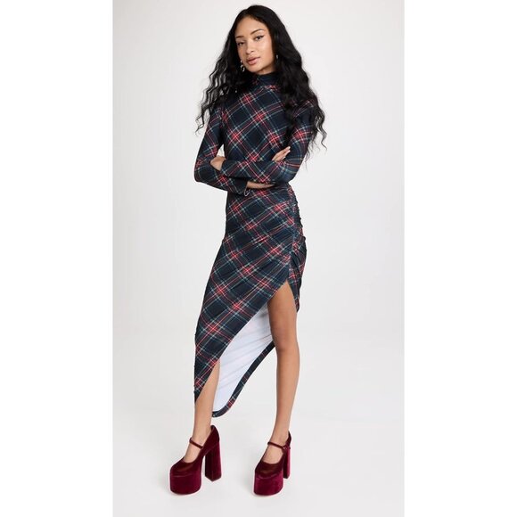 Norma Kamali Black Tartan Plaid Long Sleeve Turtle Neck Side Drape Gown - Picture 5 of 7